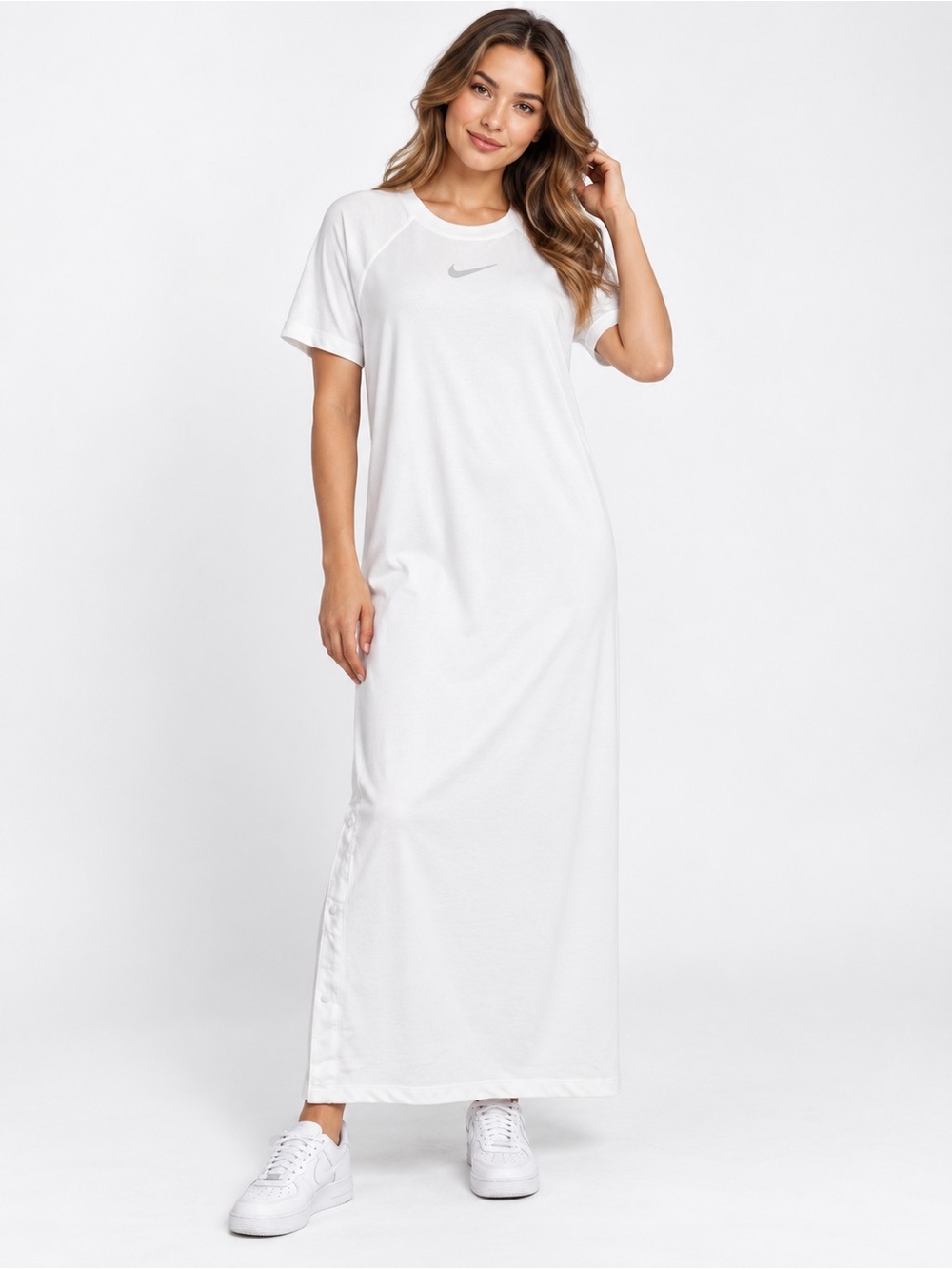Nike "NEW" White Short Sleeve Sporty Boho Logo T-Shirt Long Maxi Dress Size M